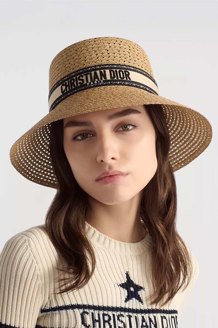 D-Bobby Large Brim Hat Straw with Beige and Black Embroidered Band 