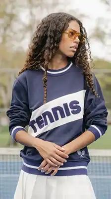 Women's Retro Block Tennis Crew Neck Ribbed Cuff Sweatshirt 